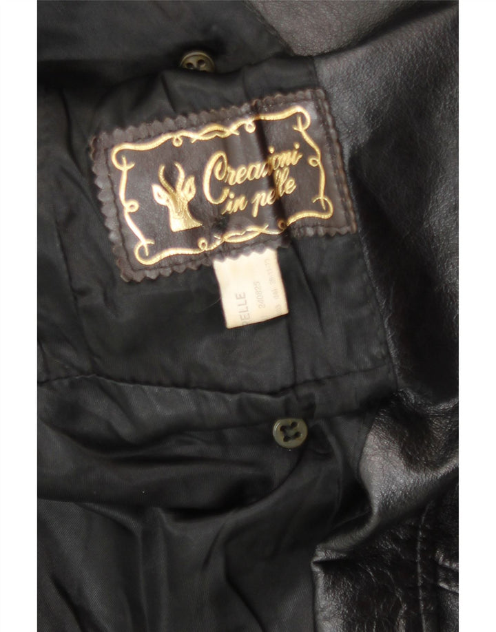 Vintage Womens Double Breasted Leather Coat UK 14 Large Black Leather