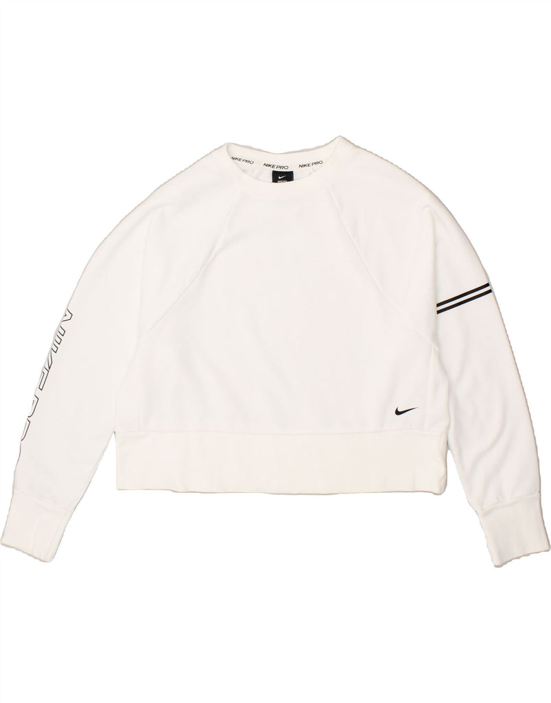 NIKE Womens Dri Fit Crop Graphic Sweatshirt Jumper UK 14 Medium White Vintage Nike and Second-Hand Nike from Messina Hembry 