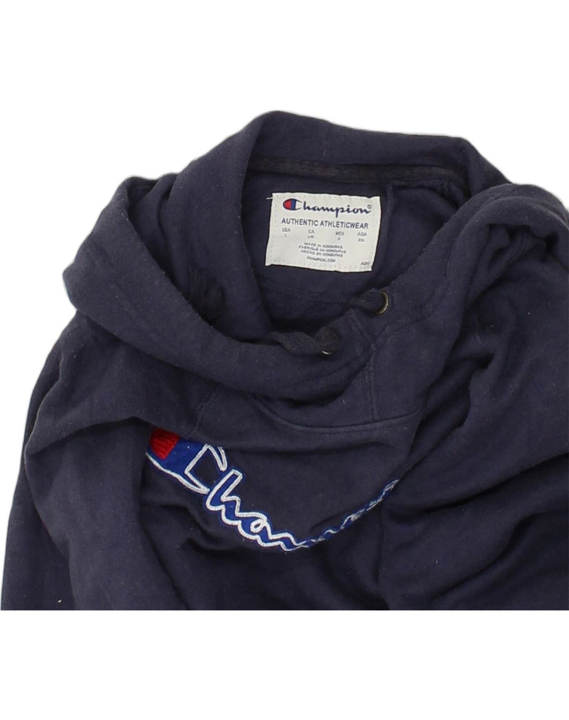 CHAMPION Womens Graphic Hoodie Jumper UK 16 Large Navy Blue Cotton | Vintage Champion | Thrift | Second-Hand Champion | Used Clothing | Messina Hembry 