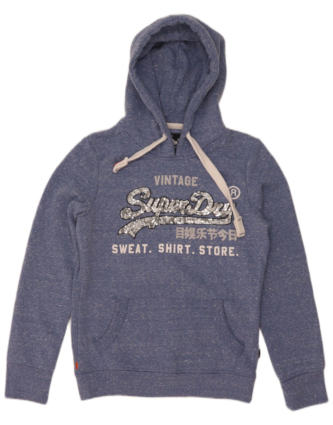 Superdry Womens Graphic Hoodie Jumper UK 8 Small Blue Flecked Polyester