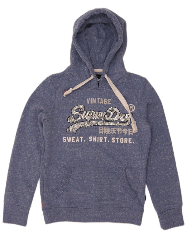 Superdry Womens Graphic Hoodie Jumper UK 8 Small Blue Flecked Polyester