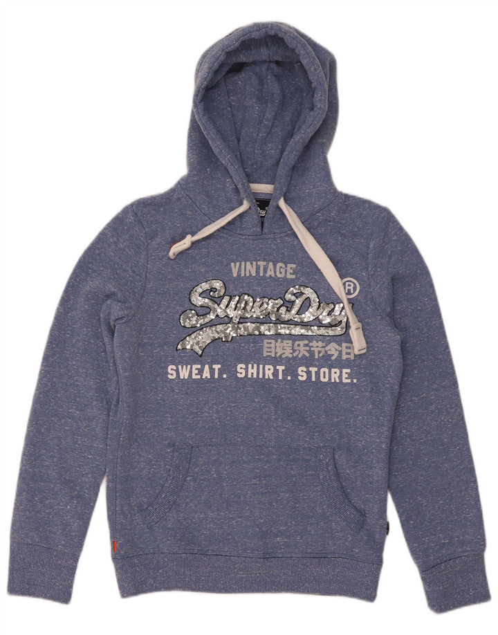 Superdry Womens Graphic Hoodie Jumper UK 8 Small Blue Flecked Polyester