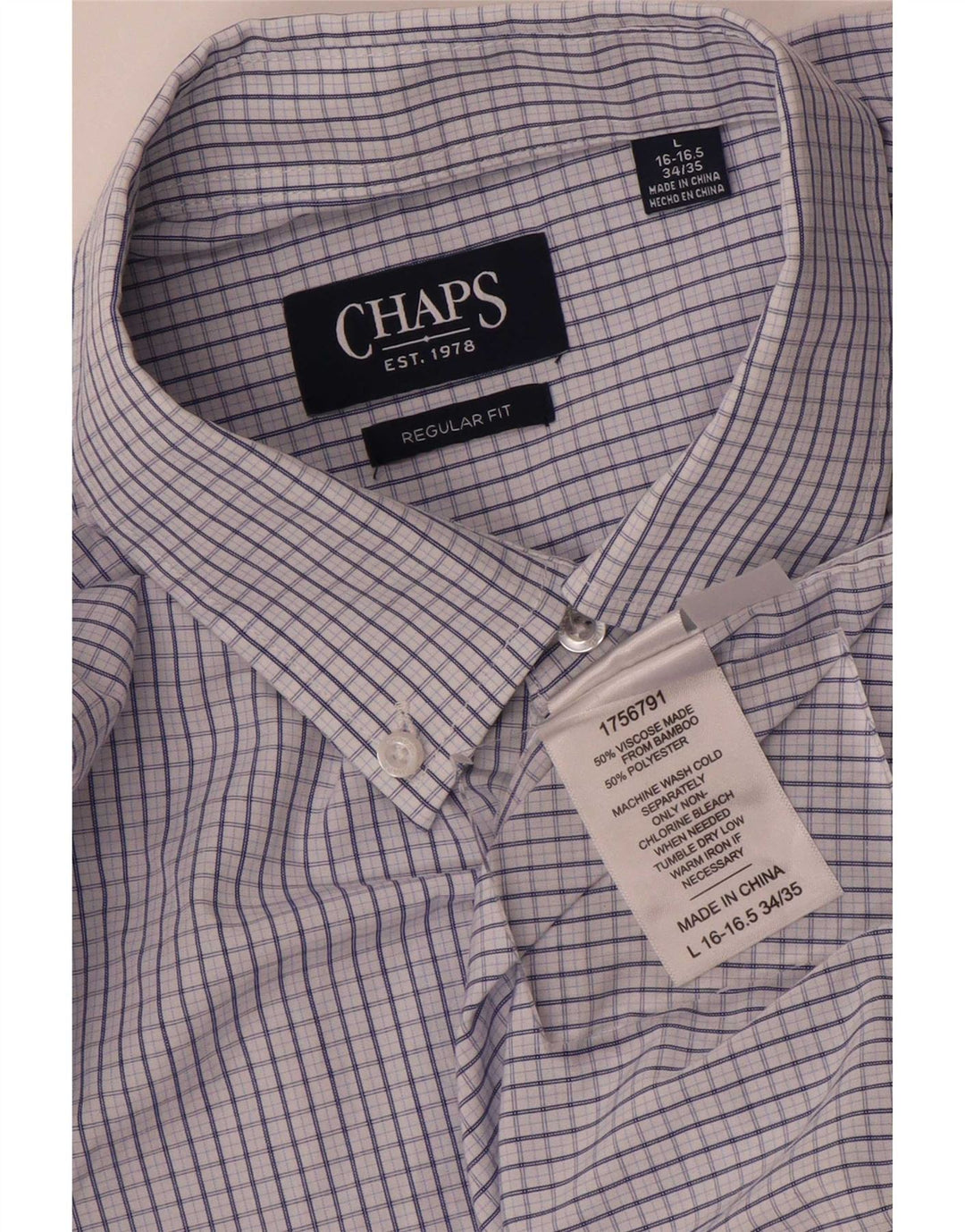 Chaps Mens Regular Fit Shirt Size 16 16.5 Large Blue Gingham Viscose