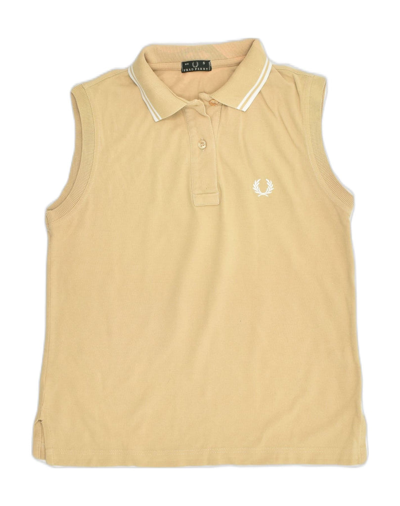 FRED PERRY Womens Sleeveless Polo Shirt UK 10 Small Beige Cotton | Vintage Fred Perry | Thrift | Second-Hand Fred Perry | Used Clothing | Messina Hembry 