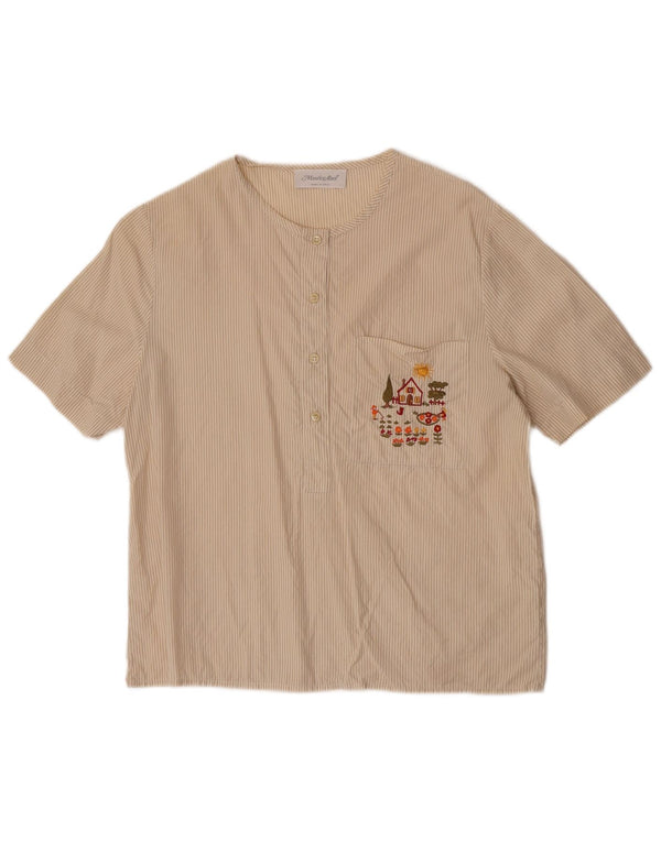 Maurice Abot Womens Short Sleeve Shirt Blouse UK 14 Medium Beige Pinstripe