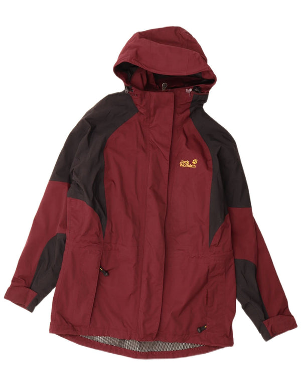 Jack Wolfskin Womens Hooded Rain Jacket UK 10 Small Burgundy Colourblock