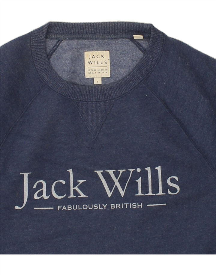 JACK WILLS Mens Graphic Sweatshirt Jumper Small Navy Blue Cotton Vintage Jack Wills and Second-Hand Jack Wills from Messina Hembry 