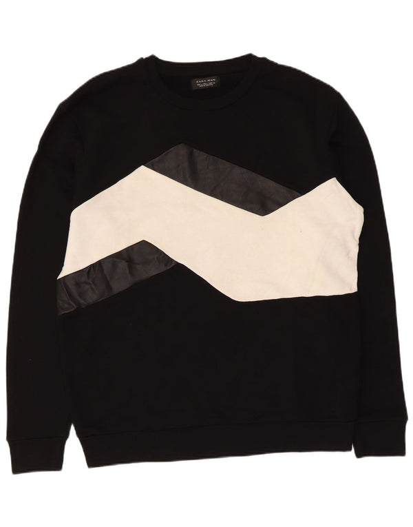 Zara Mens Sweatshirt Jumper Large Black Colourblock Cotton