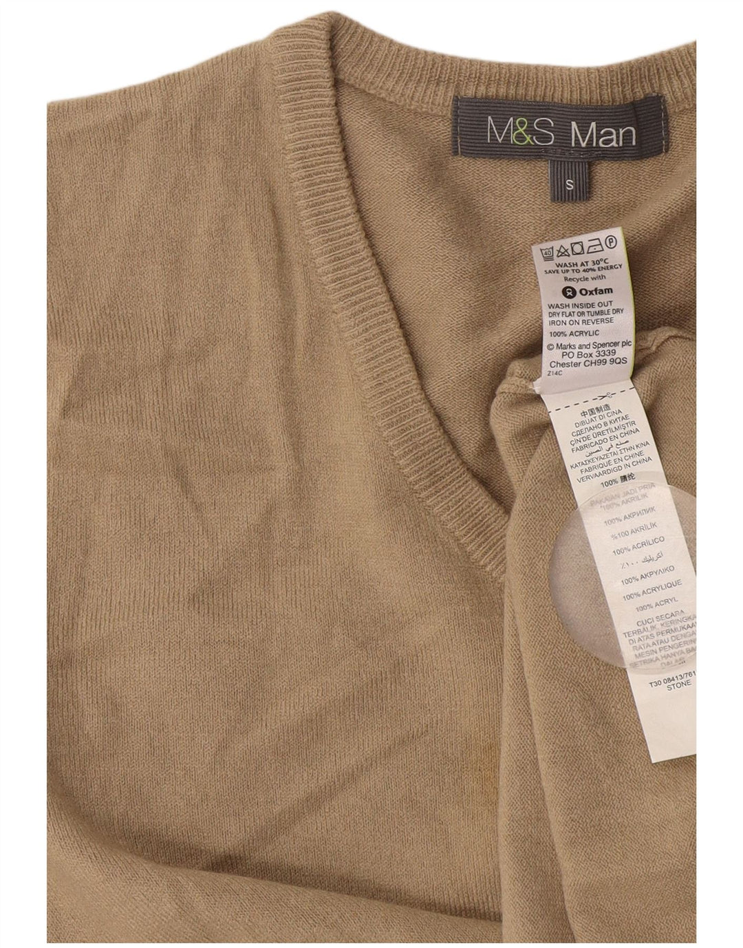 Marks & Spencer Mens V-Neck Jumper Sweater Small Beige Acrylic