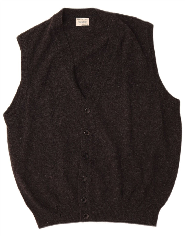 Benetton Mens Sleeveless Cardigan Sweater Medium Grey Virgin Wool