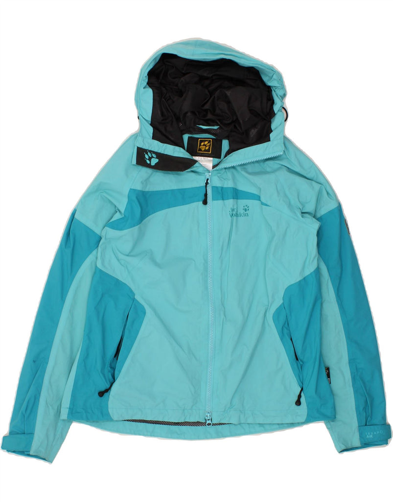 JACK WOLFSKIN Womens Hooded Rain Jacket UK 16 Large Blue Colourblock Vintage Jack Wolfskin and Second-Hand Jack Wolfskin from Messina Hembry 