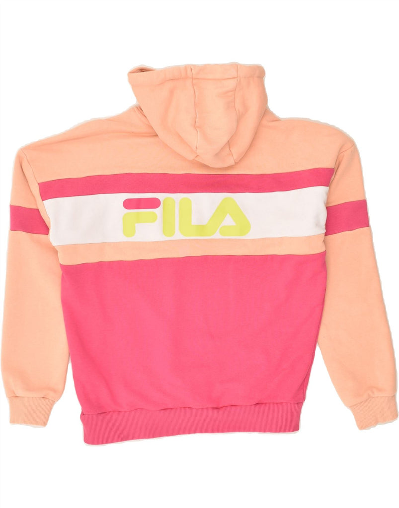 FILA Womens Graphic Hoodie Jumper UK 10 Small Pink Colourblock Cotton | Vintage Fila | Thrift | Second-Hand Fila | Used Clothing | Messina Hembry 