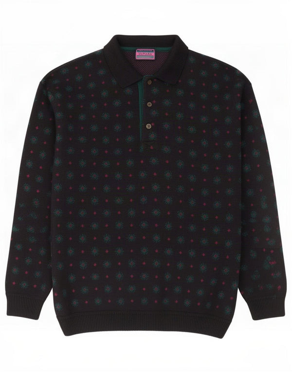 Vintage Mens Polo Neck Jumper Sweater Medium Black Floral Merino Wool
