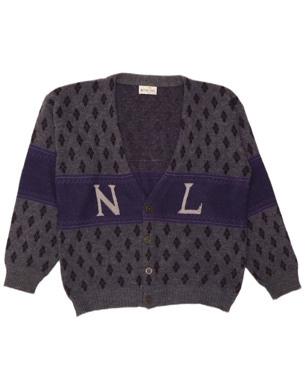 Vintage Mens Graphic Cardigan Sweater XL Navy Blue Argyle/Diamond