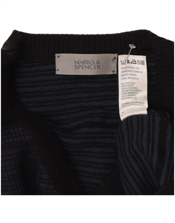 Marks & Spencer Mens V-Neck Jumper Sweater XL Navy Blue Check Acrylic