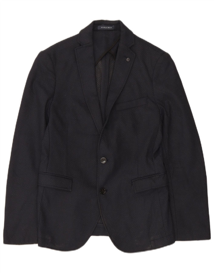 Zara Mens 2 Button Blazer Jacket EU 46 Small Navy Blue Geometric Polyester