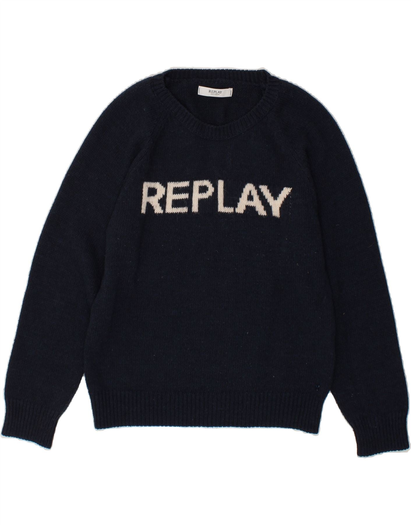 REPLAY Womens Graphic Boat Neck Jumper Sweater UK 16 Large Navy