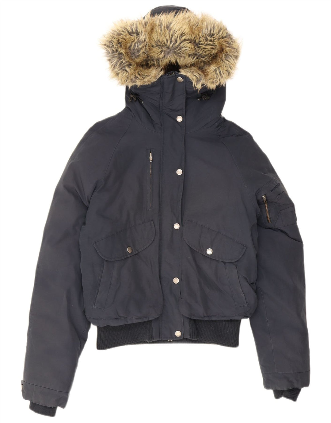 Woolrich Womens Hooded Padded Jacket UK 12 Medium Navy Blue Cotton