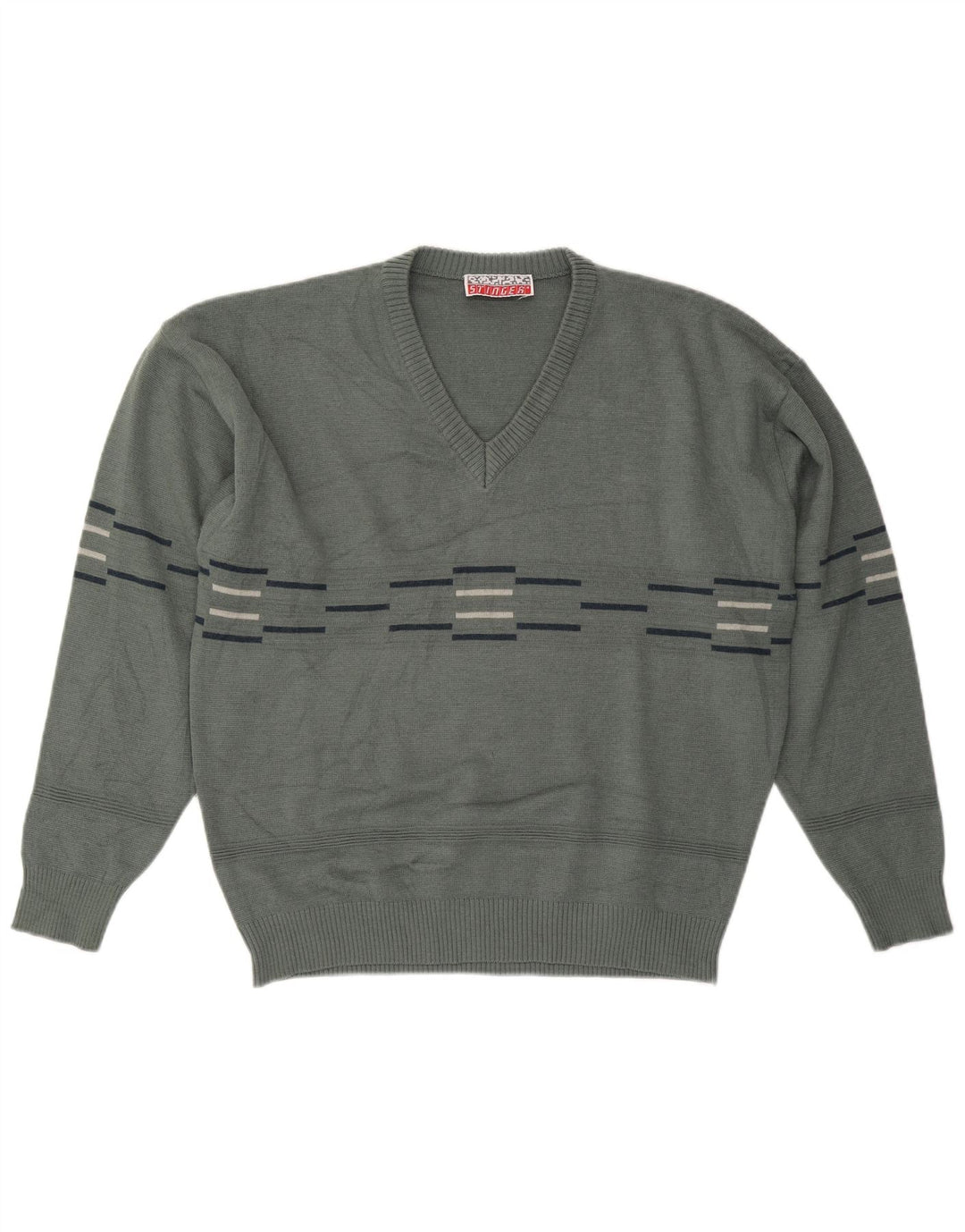 VINTAGE Mens V-Neck Jumper Sweater Large Grey Striped