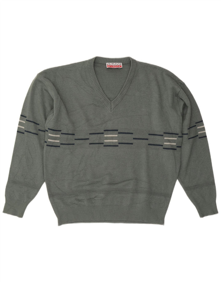 VINTAGE Mens V-Neck Jumper Sweater Large Grey Striped