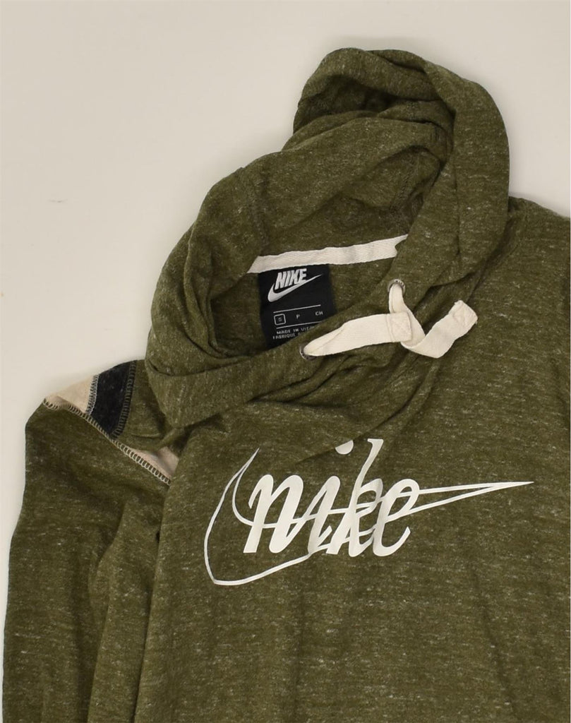 NIKE Womens Graphic Hoodie Jumper UK 8 Small Khaki Cotton | Vintage Nike | Thrift | Second-Hand Nike | Used Clothing | Messina Hembry 