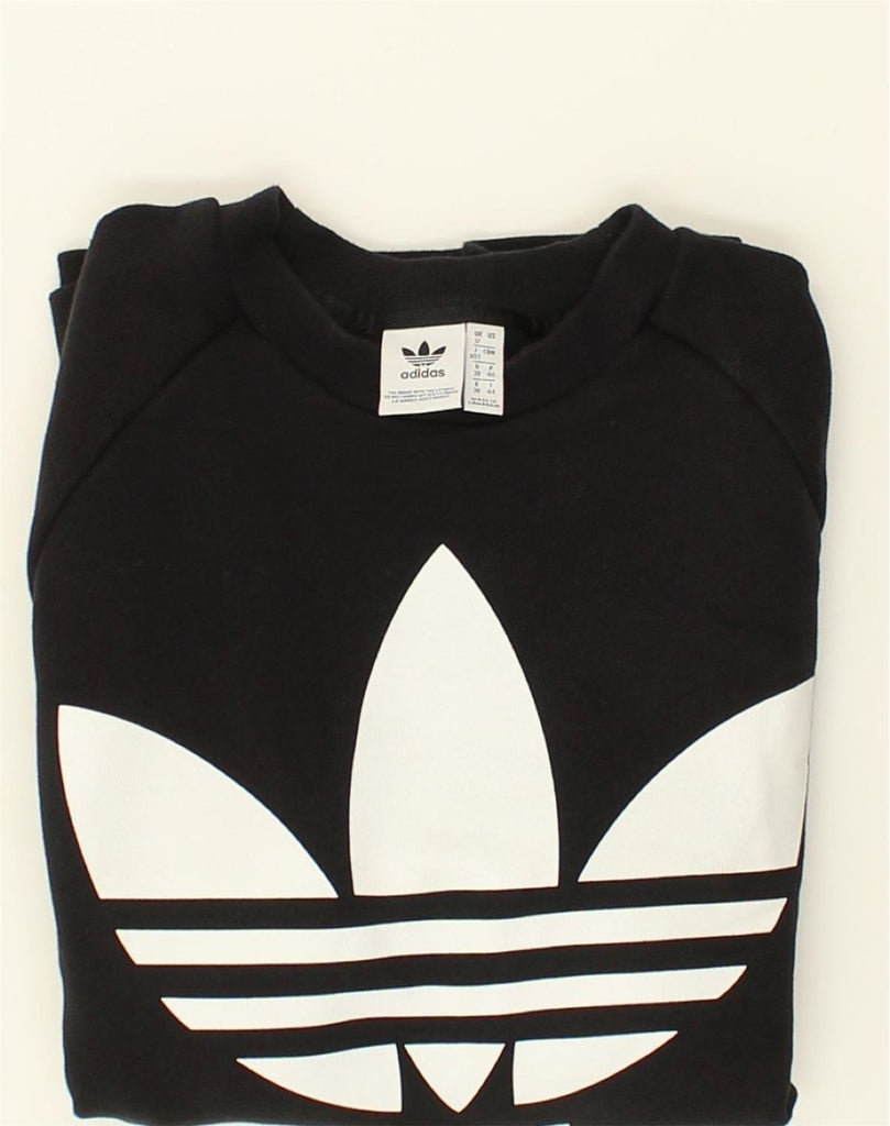 ADIDAS Womens Graphic Sweatshirt Jumper UK 12 Medium Black Polyester | Vintage Adidas | Thrift | Second-Hand Adidas | Used Clothing | Messina Hembry 