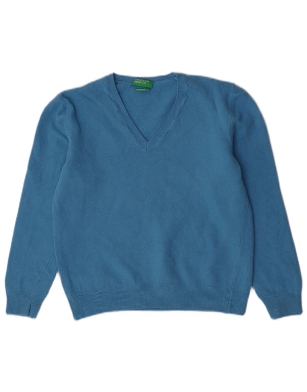 Benetton Girls Crop V-Neck Jumper Sweater 12-13 Years XL Blue Wool