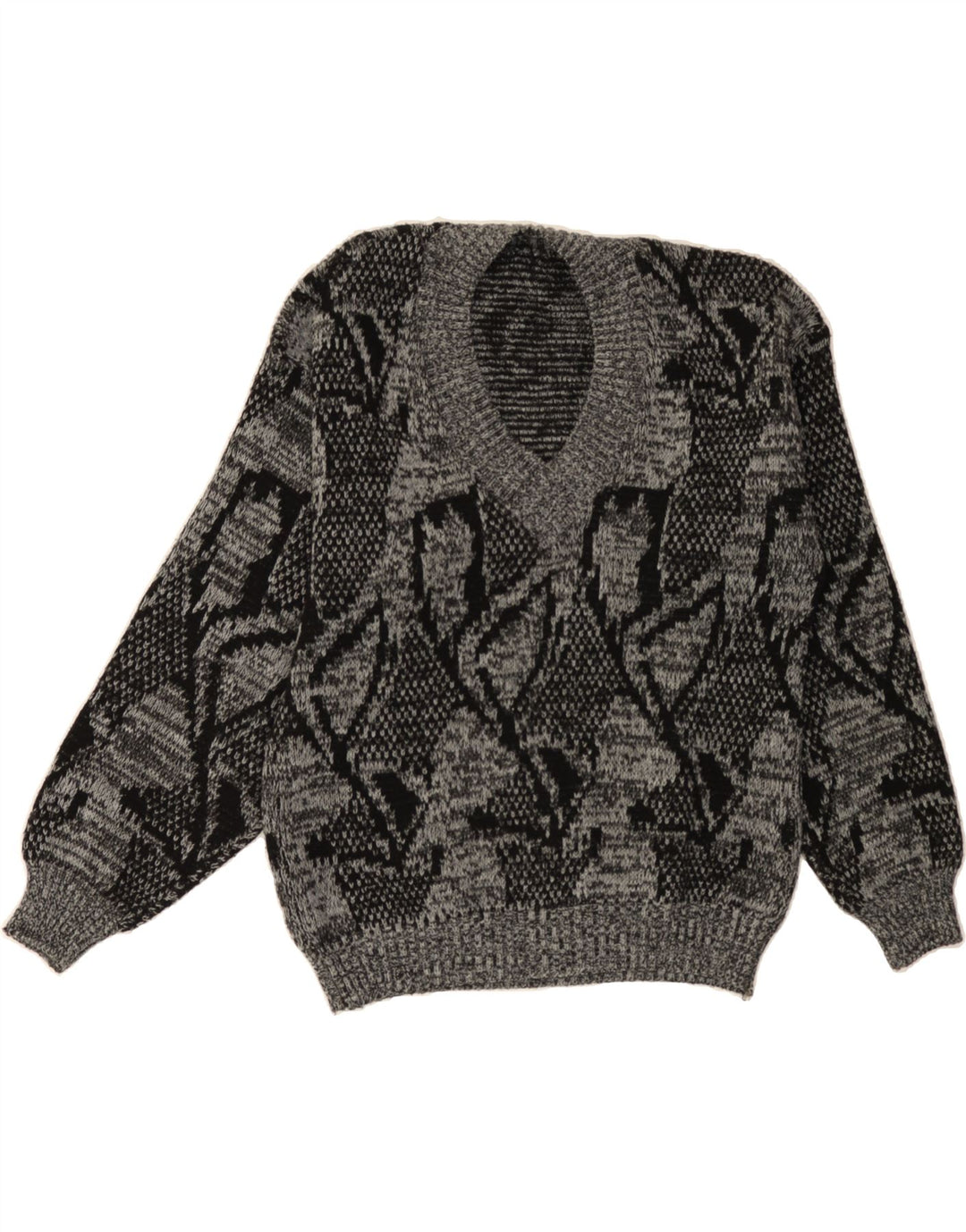 VINTAGE Womens Abstract Pattern V-Neck Jumper Sweater UK 14 Medium Grey Vintage Vintage and Second-Hand Vintage from Messina Hembry 