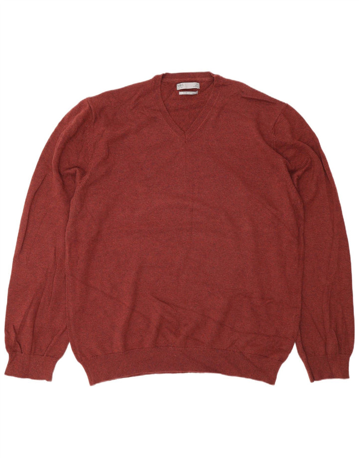Marks & Spencer Mens V-Neck Jumper Sweater 2XL Brown Cotton