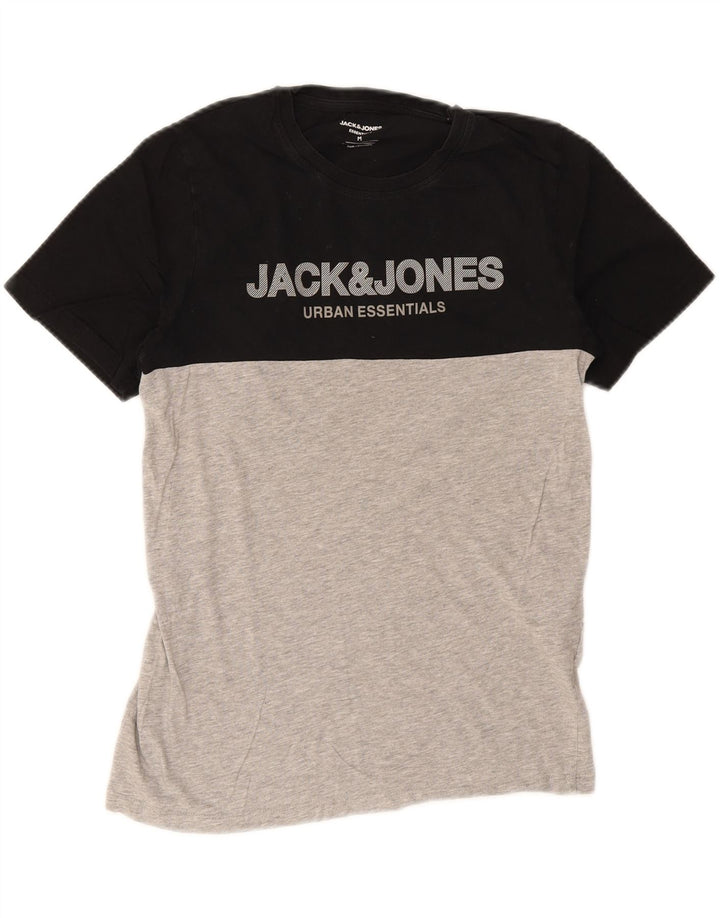 JACK & JONES Mens Graphic T-Shirt Top Medium Black Colourblock Cotton