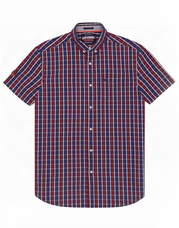 Superdry Mens Short Sleeve Regular Fit Shirt Medium Blue Plaid Cotton