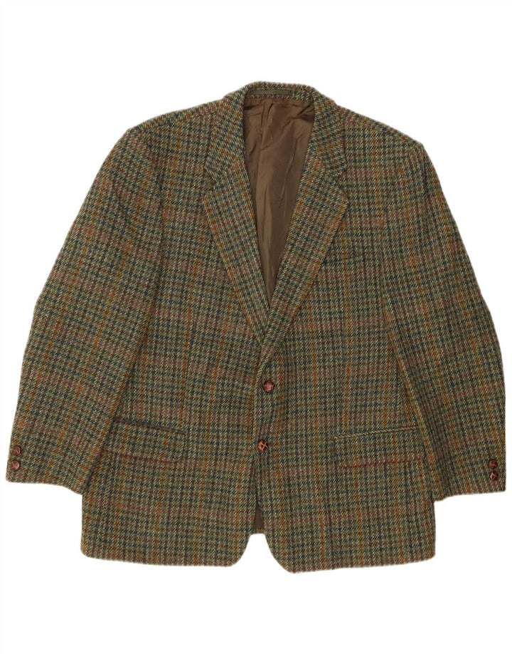HARRIS TWEED Mens 2 Button Blazer Jacket UK 40 Large Khaki Houndstooth