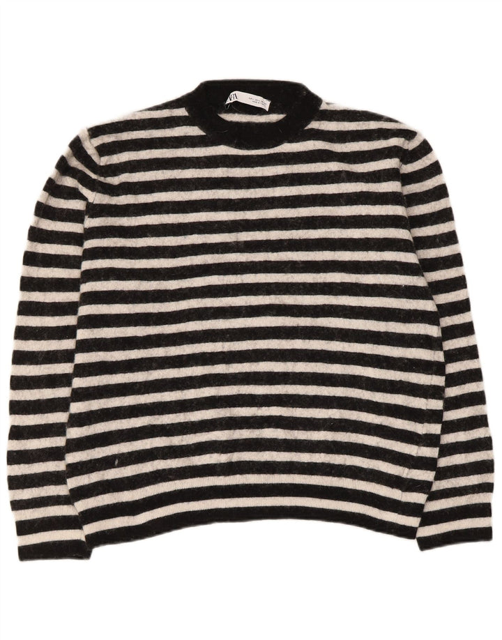 Zara Womens Crew Neck Jumper Sweater UK 14 Large Black Striped Polyamide