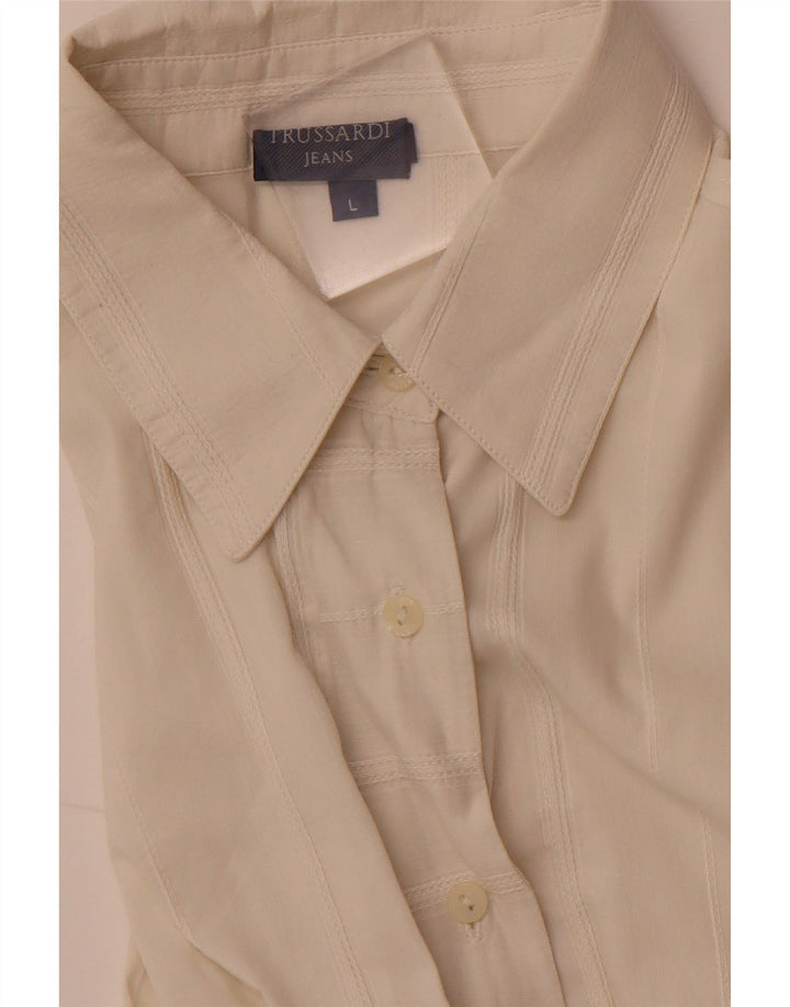 TRUSSARDI JEANS Womens Shirt Blouse UK 14 Large Off White Striped