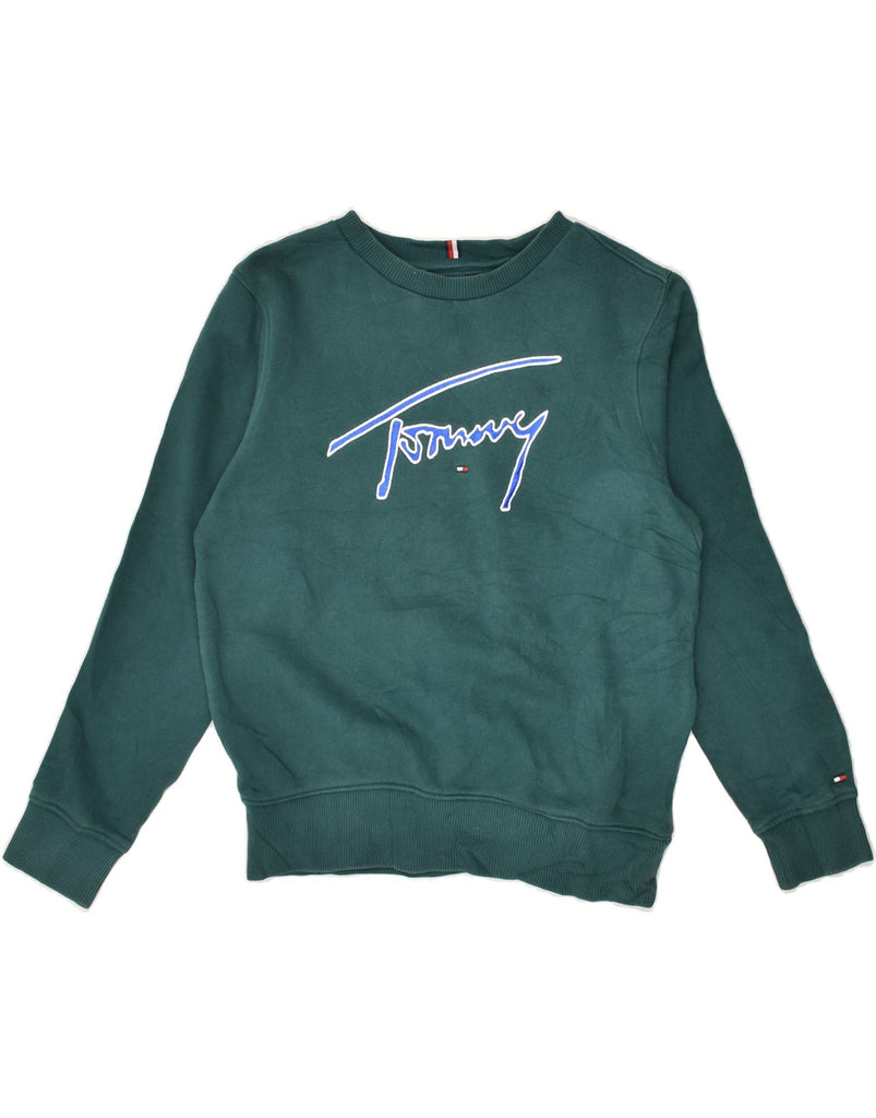 TOMMY HILFIGER Girls Graphic Sweatshirt Jumper 9-10 Years Green Cotton | Vintage Tommy Hilfiger | Thrift | Second-Hand Tommy Hilfiger | Used Clothing | Messina Hembry 