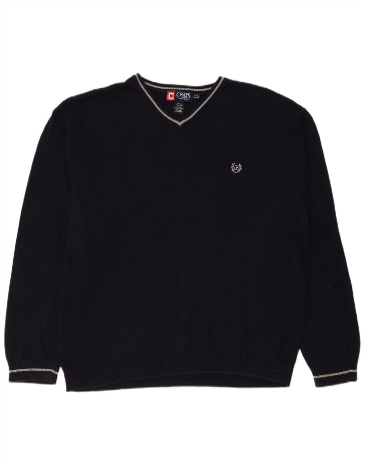CHAPS Mens V-Neck Jumper Sweater XL Navy Blue Cotton