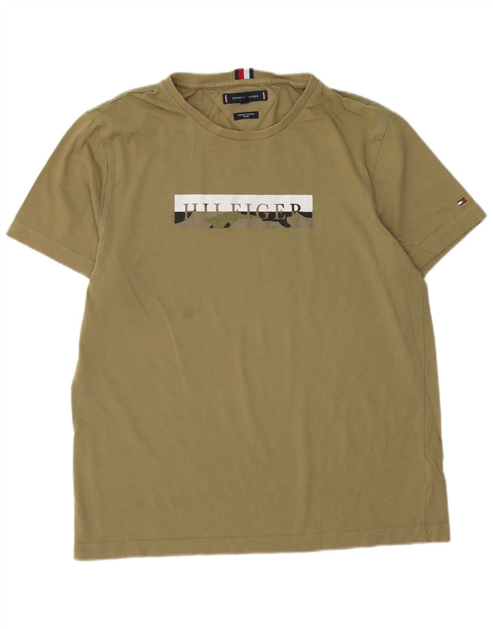 TOMMY HILFIGER Mens Graphic T-Shirt Top Medium Khaki Cotton