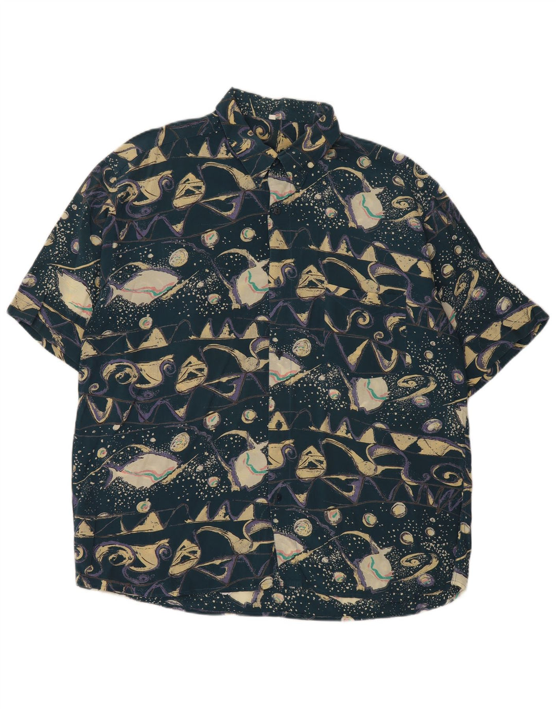 Vintage Mens Abstract Pattern Short Sleeve Shirt XL Blue Viscose Retro