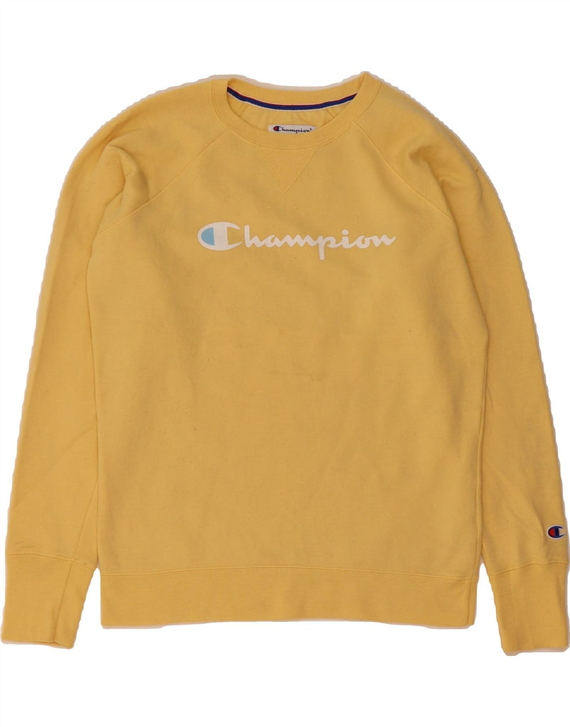 CHAMPION Womens Graphic Sweatshirt Jumper UK 14 Medium Yellow Polyester Vintage Champion and Second-Hand Champion from Messina Hembry 
