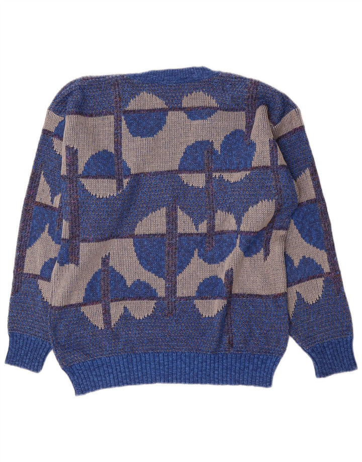 Vintage Mens V-Neck Jumper Sweater IT 50 Medium Blue Geometric Cotton