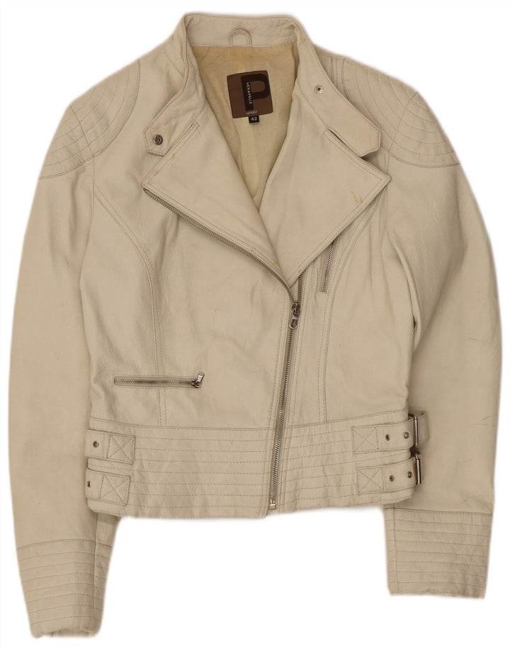 Conbipel Womens Leather Biker Jacket Size 42 Small Off White Leather