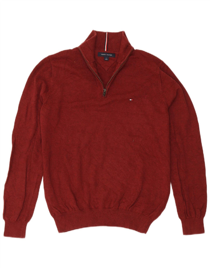 Tommy Hilfiger Mens Zip Neck Jumper Sweater Medium Burgundy Cotton