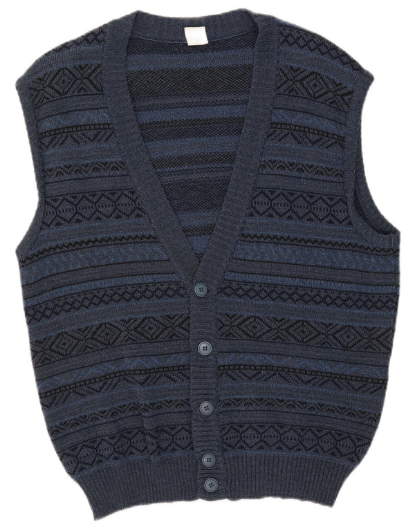 Vintage Mens Sleeveless Cardigan Sweater Large Navy Blue Fair Isle Wool
