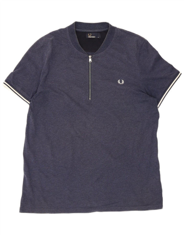 Fred Perry Mens Zip Neck T-Shirt Top Medium Navy Blue Striped