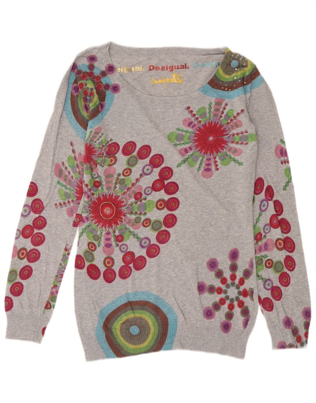 Desigual Womens Boat Neck Jumper Sweater UK 14 Medium Grey Geometric
