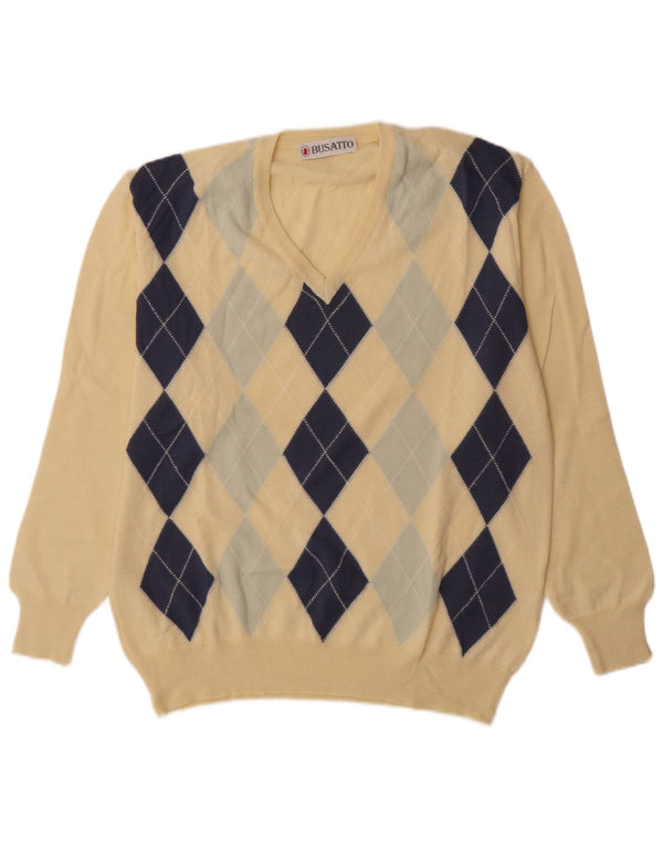 Vintage Mens V-Neck Jumper Sweater IT 54 XL Yellow Argyle/Diamond Wool