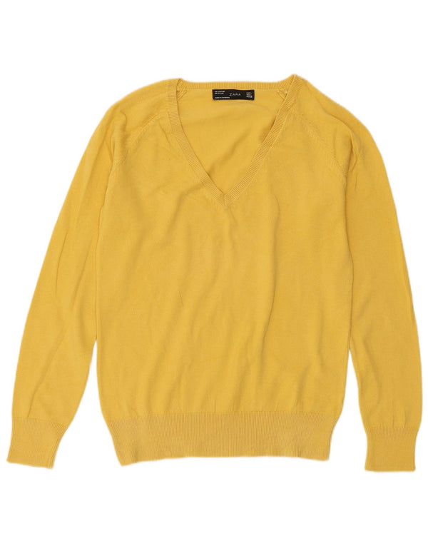 ZARA Womens V-Neck Jumper Sweater UK 14 Large Yellow Cotton