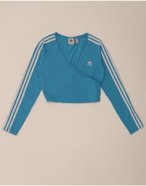 Adidas Womens Crop Top Long Sleeve UK 12 Medium Blue Cotton