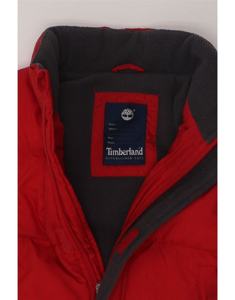 TIMBERLAND Boys Graphic Hooded Padded Gilet 4-5 Years Red Polyester | Vintage Timberland | Thrift | Second-Hand Timberland | Used Clothing | Messina Hembry 