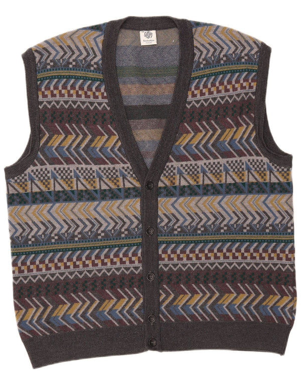 Vintage Mens Sleeveless Cardigan Sweater IT 56 XL Grey Geometric Wool